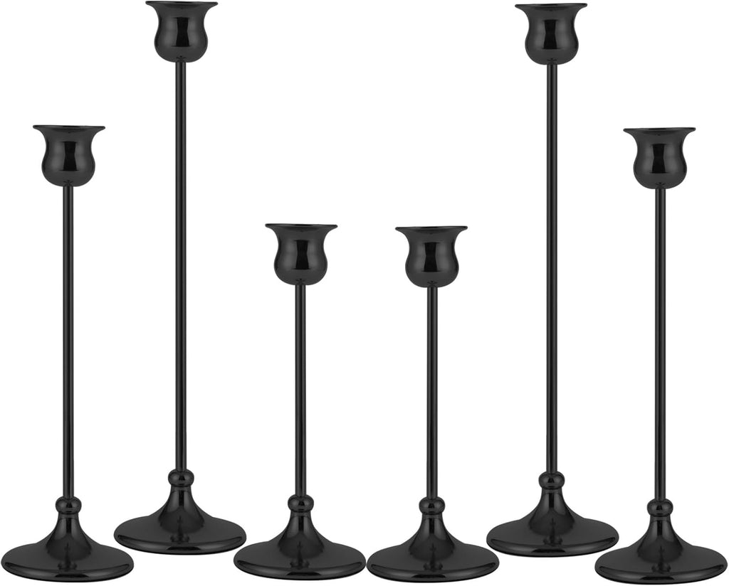 Taper Candle Holder Tall Vintage Metal Candlestick Holders Candle Stick Candelabra for Halloween Thanksgiving Christmas Holiday Wedding (Matt Black, 2 Sets (6 pcs))