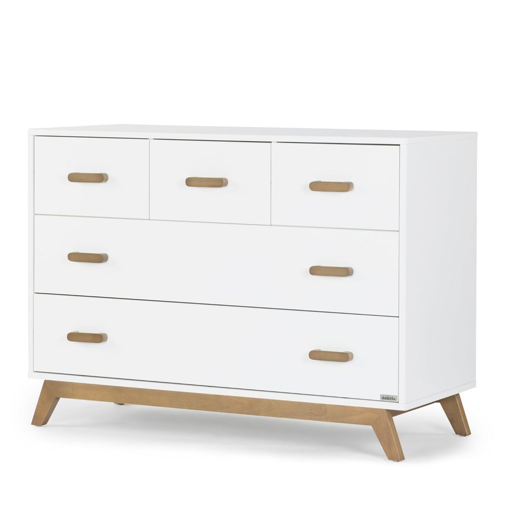 dadada Soho 5-Drawer Dresser for Nursery and Bedroom - Modern Design, Large Storage, Baby-Safe Finish, Soft Close Drawers, Anti-Tip Safety, Sturdy Legs & Solid Wood Handles, 47” Wide (White+Walnut)