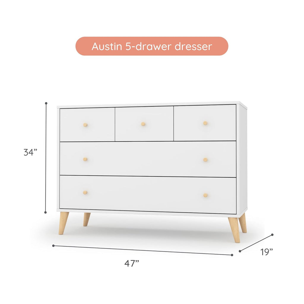 dadada Austin 5-Drawer Dresser for Nursery and Bedroom - Modern Design, Large Storage, Baby-Safe Finish, Anti-Tip Safety, Solid Wood Feet, Durable Construction (White+Natural)