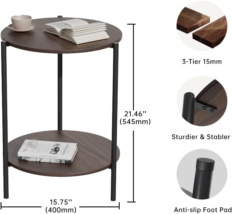 Side Table, Round End Table with 2-Layer Storage Rack, 15.7" Small Spaces Circle Table, Metal Frame Design Small Side Tables, for Living Room, Bedroom, Vintage Wood