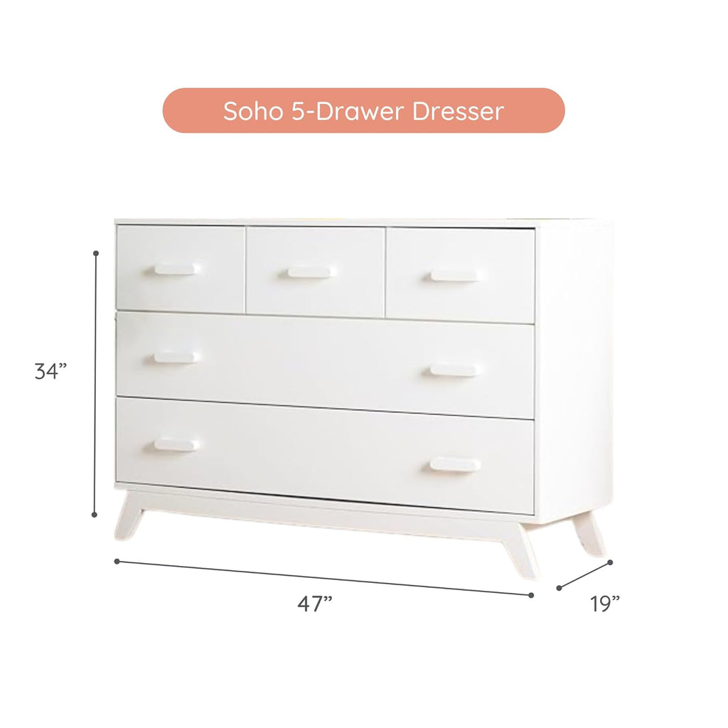 dadada Soho 5-Drawer Dresser for Nursery and Bedroom - Modern Design, Large Storage, Baby-Safe Finish, Soft Close Drawers, Anti-Tip Safety, Sturdy Legs & Solid Wood Handles, 47” Wide (White)