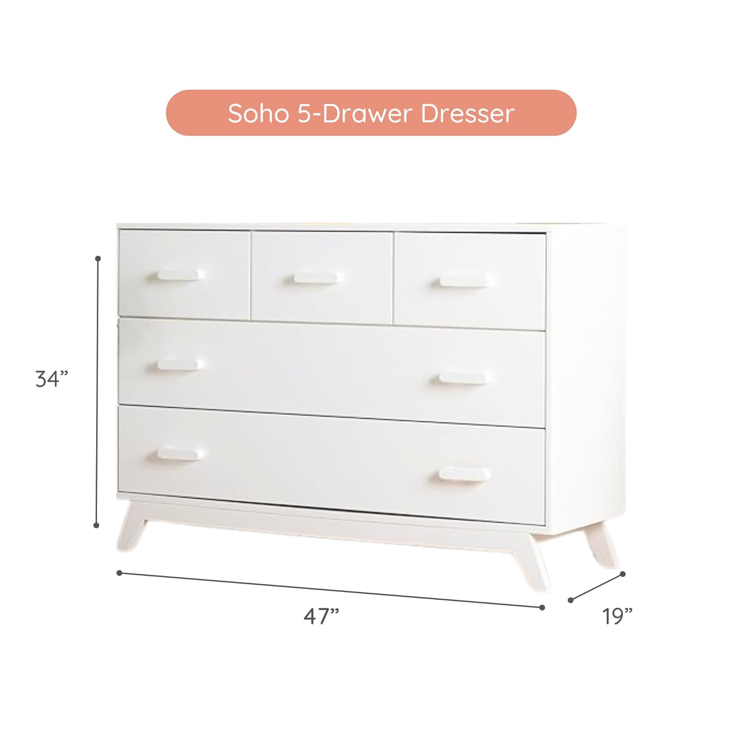 dadada Soho 5-Drawer Dresser for Nursery and Bedroom - Modern Design, Large Storage, Baby-Safe Finish, Soft Close Drawers, Anti-Tip Safety, Sturdy Legs & Solid Wood Handles, 47” Wide (White)