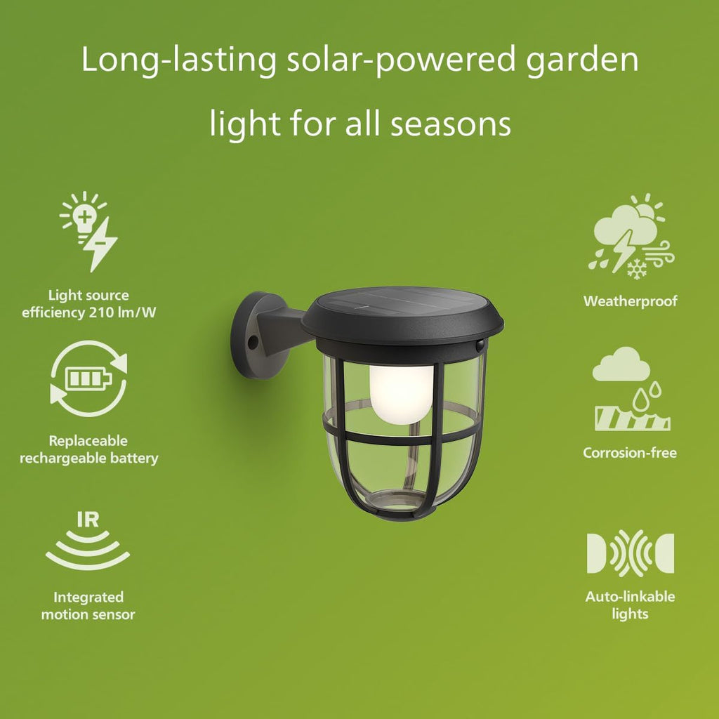 Philips Solar LED 1-Pack Ultra-Efficient Wall Lantern - Radii, Dusk to Dawn, Automatically Linkable, Daylight and Motion Sensor, 3000K Bright White Light, IP44, Black