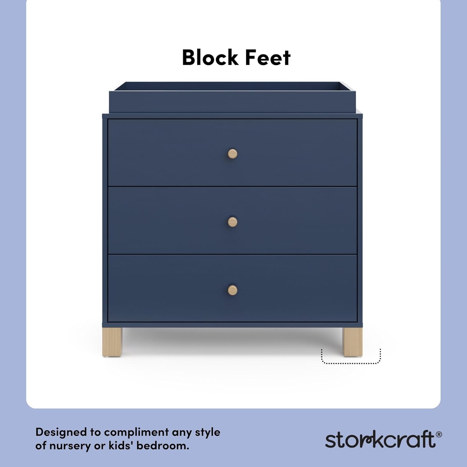 Storkcraft California 3-Drawer Chest with Removable Changing Topper (Midnight Blue with Driftwood) – GREENGUARD Gold Certified, Interlocking Drawer System, Pre-Installed Tracks, Easy Assembly
