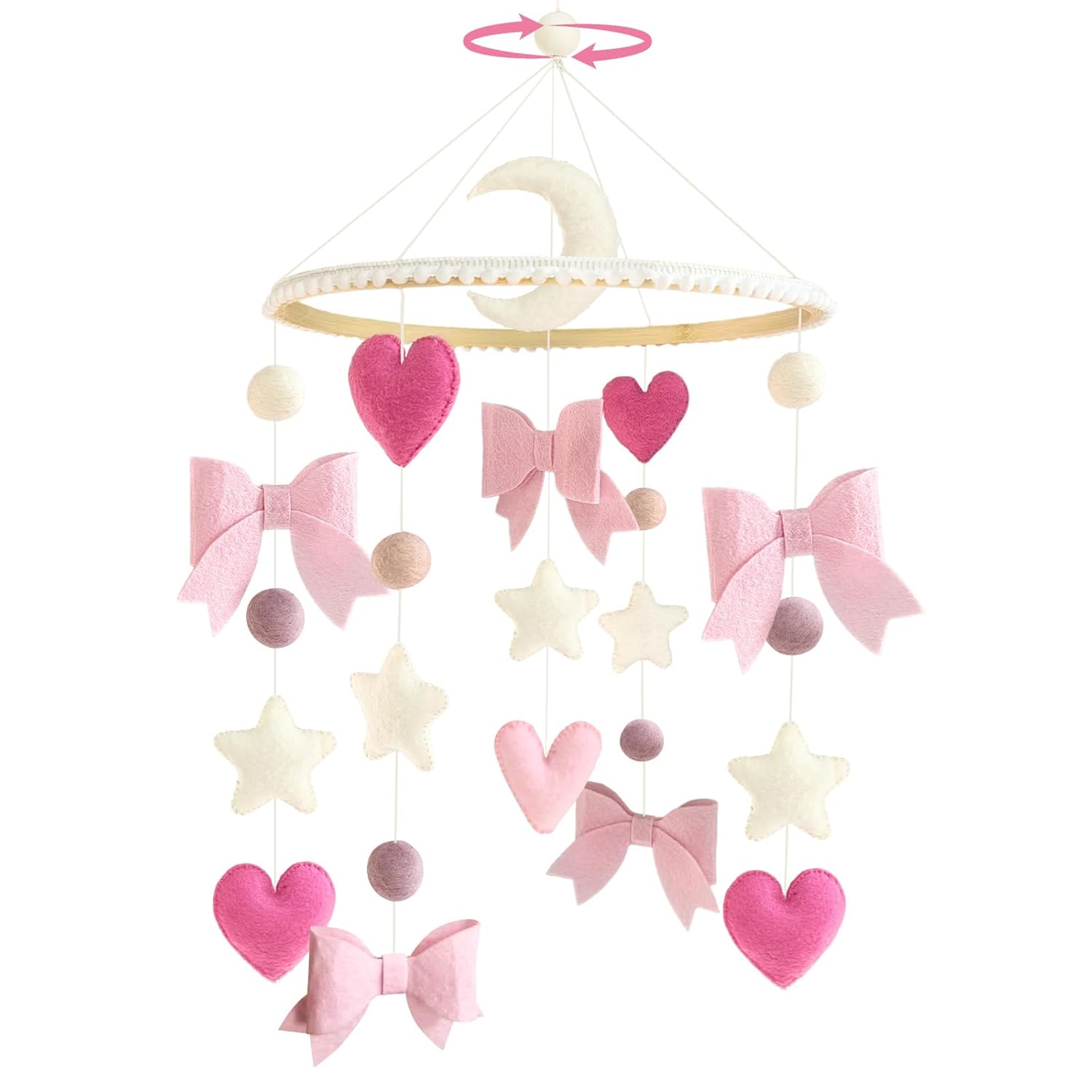 Baby Mobile for Crib Pink Bow Baby Crib Mobile for Girls Handmade Coquette Bow Nursery Decor for Infant Bedroom Hanging Pink Girls Room Decor for Bassinet Gender Reveal Newborn Gifts