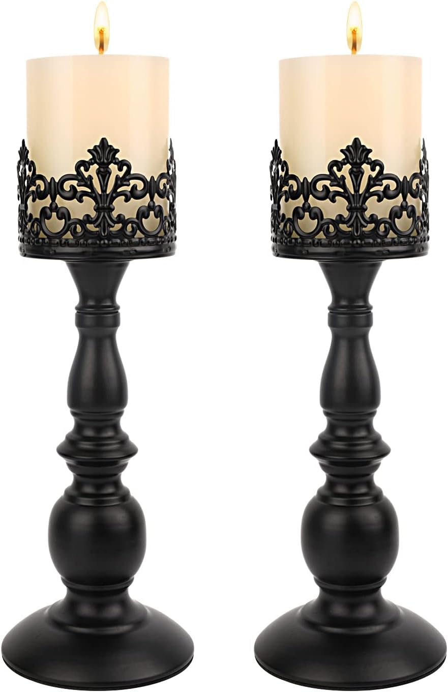 Candle Holders for Pillar Candles Gothic Matte Black Vintage Tall Candle Holders Set of 2 Decorative Large Table Centerpieces Candle Stand Decor (Black 2PCS A)