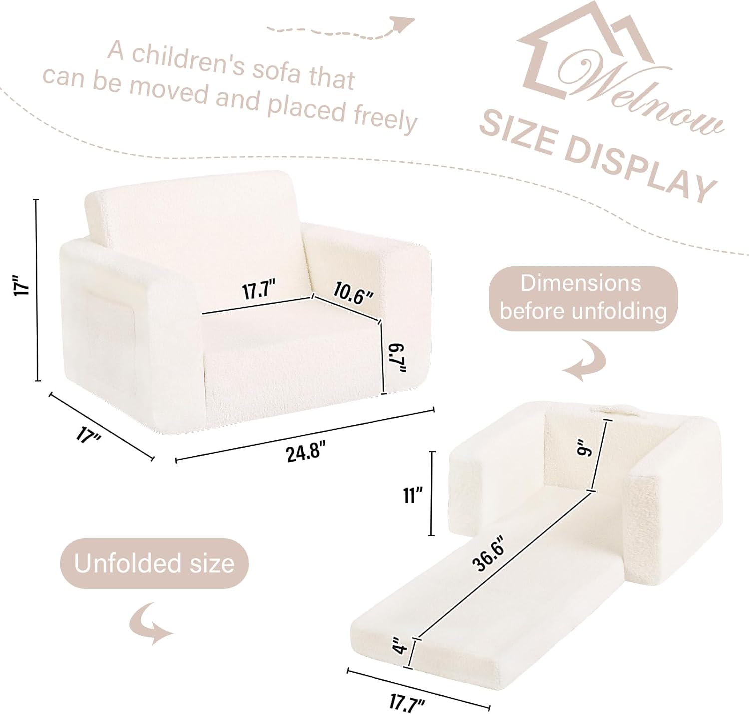 Welnow 2-in-1 Kids Sofa Chair, Convertible Toddler Chair Flip Out Children Sofa Chair Folding Kids Play Sofa with Side Pockets & Removable Cover Armrest Chair for Girl or Boy