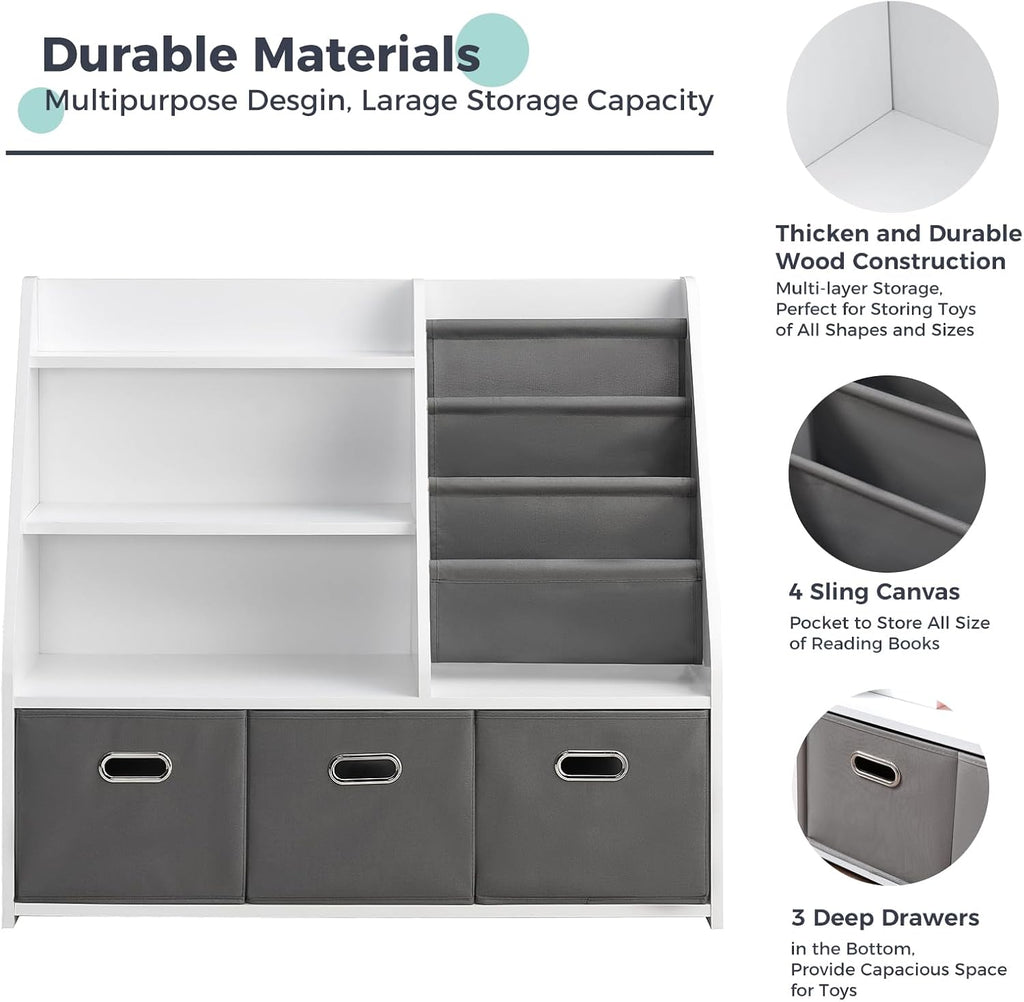 Kids Bookshelf, Kids Toy Storage Organizer with Storage Bins, Wooden Bookshelf and Book Display Shelf for Bedroom, Playroom, Nursery, Classroom, White