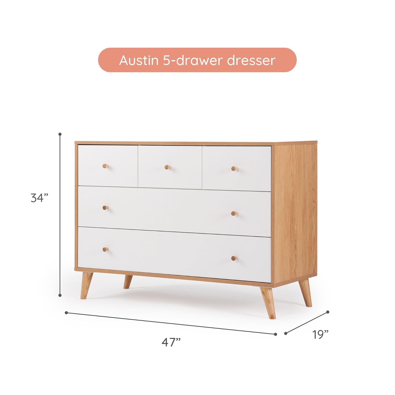 dadada Austin 5-Drawer Dresser for Nursery and Bedroom - Modern Design, Large Storage, Baby-Safe Finish, Anti-Tip Safety, Solid Wood Feet, Durable Construction (White+Red Oak)