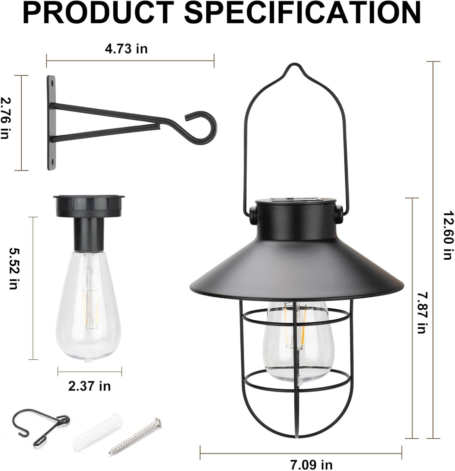 pearlstar Solar Lanterns Outdoor Metal Solar Powered Hanging Lights Waterproof for Wall Yard Garden Patio Garage Balcony Porch Fence Decor, Warm White Edison Bulb,with Wall Mount Kit（Black-1pack）