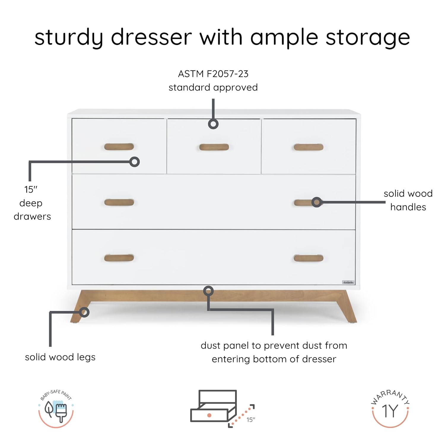 dadada Soho 5-Drawer Dresser for Nursery and Bedroom - Modern Design, Large Storage, Baby-Safe Finish, Soft Close Drawers, Anti-Tip Safety, Sturdy Legs & Solid Wood Handles, 47” Wide (White+Walnut)