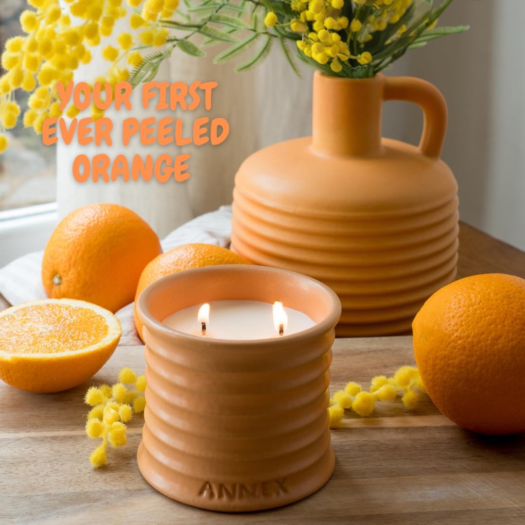 Scented Luxury Candles in Handmade Ceramic Jars, Soy Wax | Orange Blossom – Orange & Mimosa, Large Candle | Non Toxic, 2 Wicks, Reusable Big Orange Jar | Natural Spring Aromatherapy for Women & Men