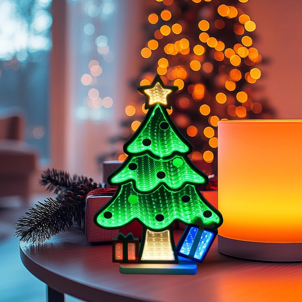 MEETYAMOR Christmas Decorations Indoor, Christmas Tree Infinity Mirror Tunnel Light - 3D Endless Extension LED Night Lamp, USB Powered Colorful Table Centerpiece for Bedroom, Living Room Home Decor