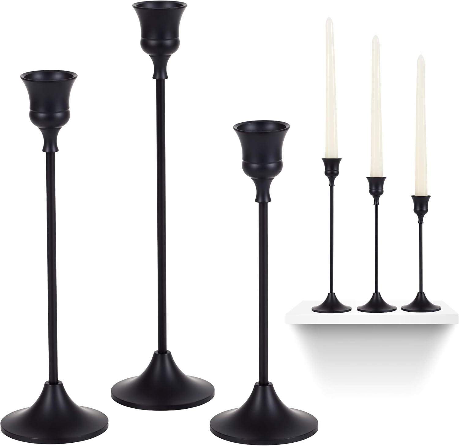 Black Candlestick Holders | Set of 3 | Metal with Matte Finish | 3 Different Sizes | Taper Candles Included | Decorative Centerpiece for Wedding, Christmas, Fireplace Mantel, Dining Table