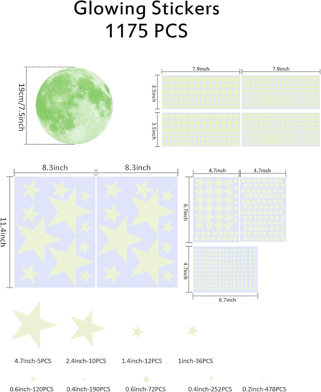 1049 Pieces Luminous Sticker Wall Decal Luminous Stars self-Adhesive Children's Room Wall Stickers Moon and Stars Fluorescent Wall Stickers, Stickers for Children's Rooms Girls Decorative