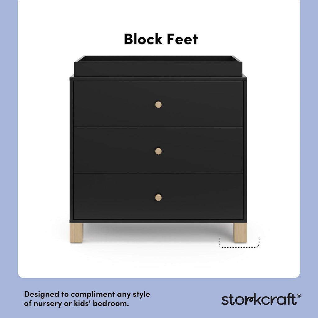 Storkcraft California 3-Drawer Chest with Removable Changing Topper (Black with Driftwood) – GREENGUARD Gold Certified, Interlocking Drawer System, Pre-Installed Tracks, Easy Assembly