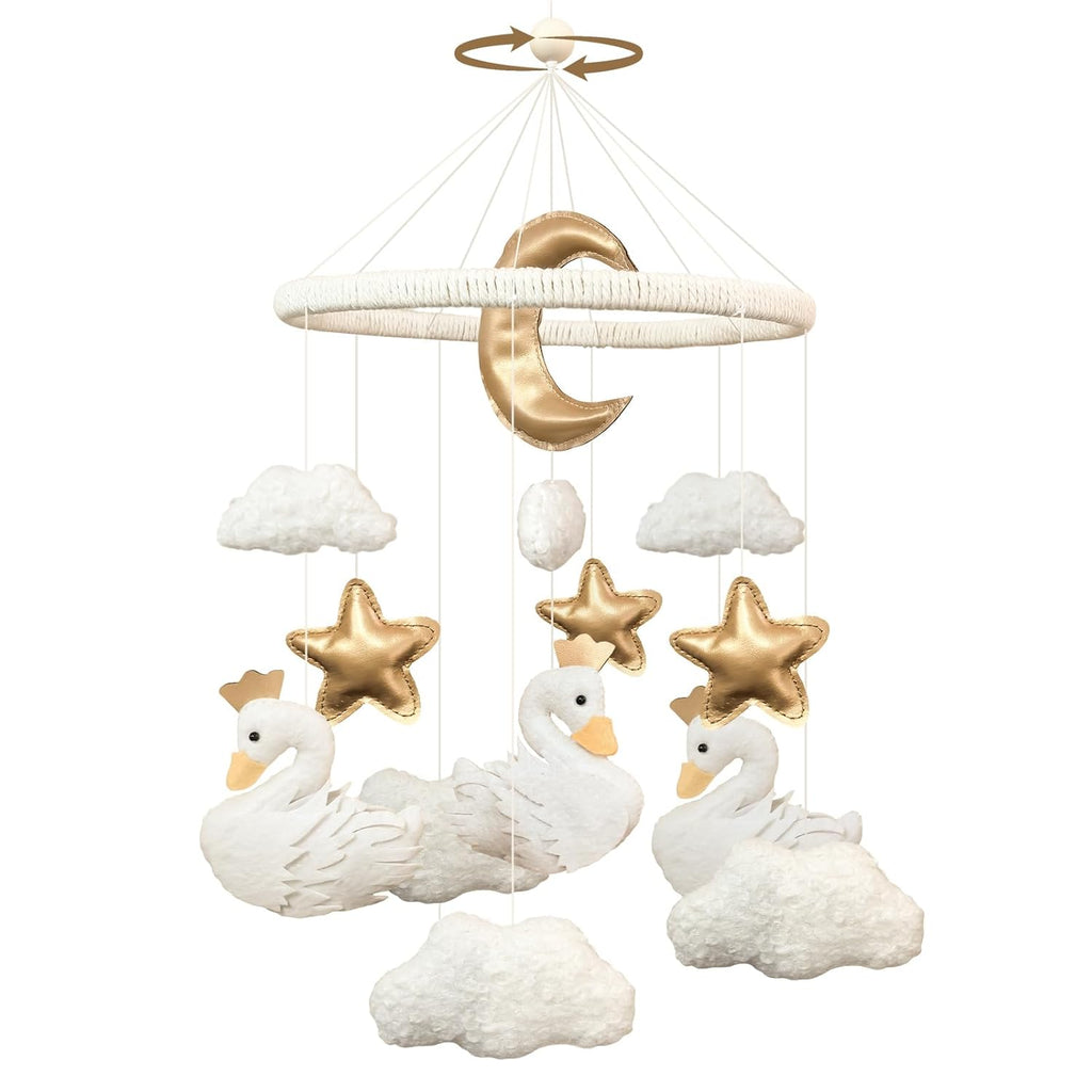 Baby Mobile for Crib Swan Nursery Decor for Girls Handmade Boho Baby Crib Mobile Cloud Moon Star for Infant Bassinet Bedroom Hanging Felt Princess Swan Nursery Room Decor Newborn Gifts