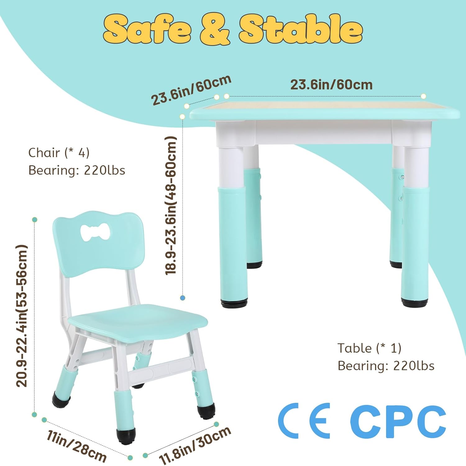 FUNLIO Kids Table and 4 Chairs Set, Height Adjustable Toddler Table and Chair Set for Ages 3-8, Easy to Wipe Arts & Crafts Table, for Classrooms/Daycares/Homes, CPC & CE Approved (5-Piece Set) - Green