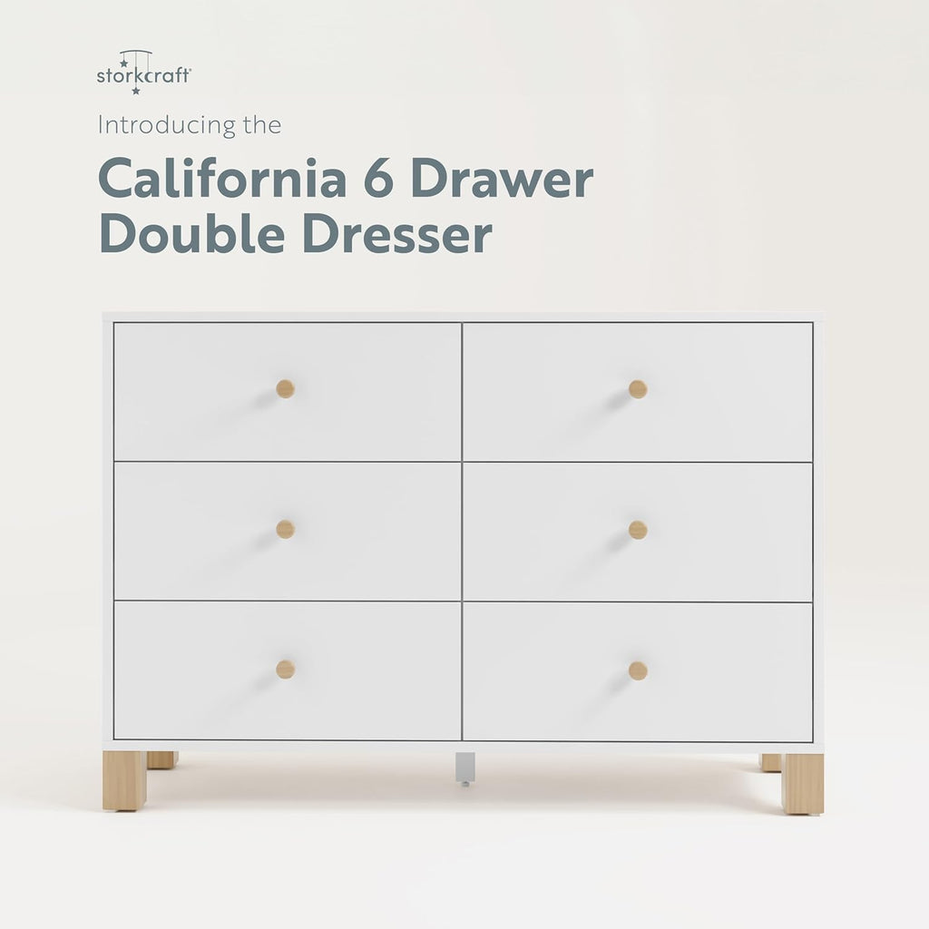 Storkcraft California 6-Drawer Double Dresser (White with Driftwood) - GREENGUARD Gold Certified, Interlocking Drawer System, Dresser Drawer Organizer for Kids Bedroom