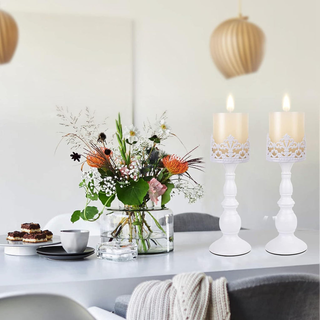 Candle Holders for Pillar Candles Gothic Matte Black Vintage Tall Candle Holders Set of 2 Decorative Large Table Centerpieces Candle Stand Decor (White 2PCS A)