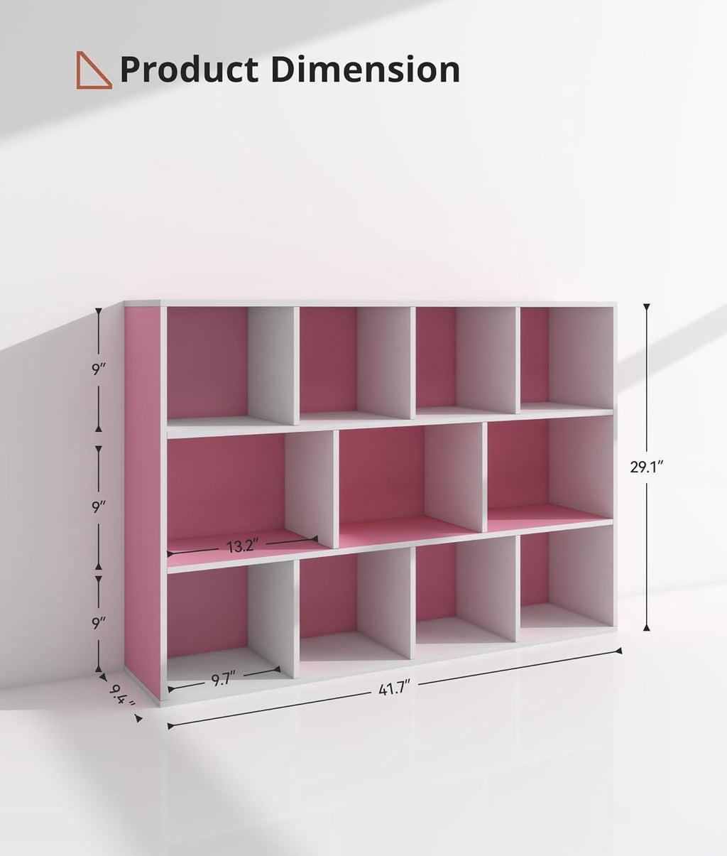 11-Cube Pink Kids Bookshelf and Toy Organizer – Wooden Storage Shelf for Girl’s Room and Nursery, Ideal Gift for Toddlers and Preschoolers