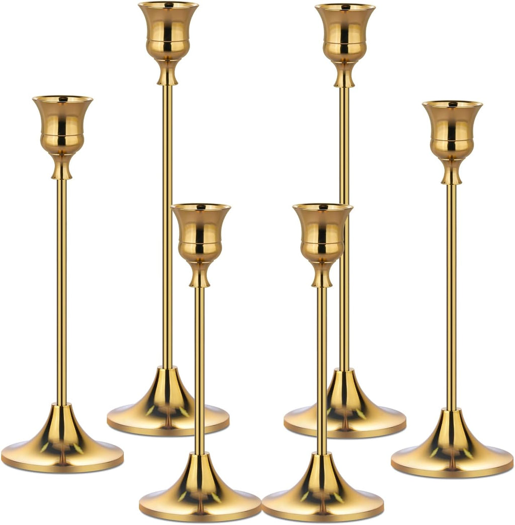 Metal Candle Holders for Candlesticks Taper Candlestick Holders Set Vintage Decorative Centerpiece Candelabra Tall Candle Stands for Halloween Thanksgiving Christmas (Gold, 2 Sets (6 pcs))