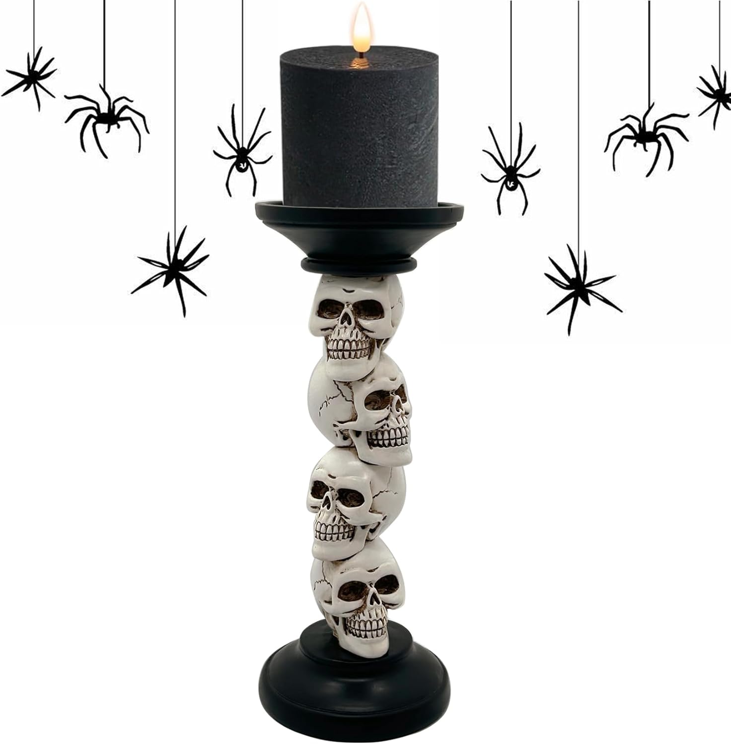 Pillar Candle Holder for Halloween Decoration Indoor, Skull Candlestick Holder, Skeleton Candlestick Holder Spooky Decor Black Taper Candle Holders