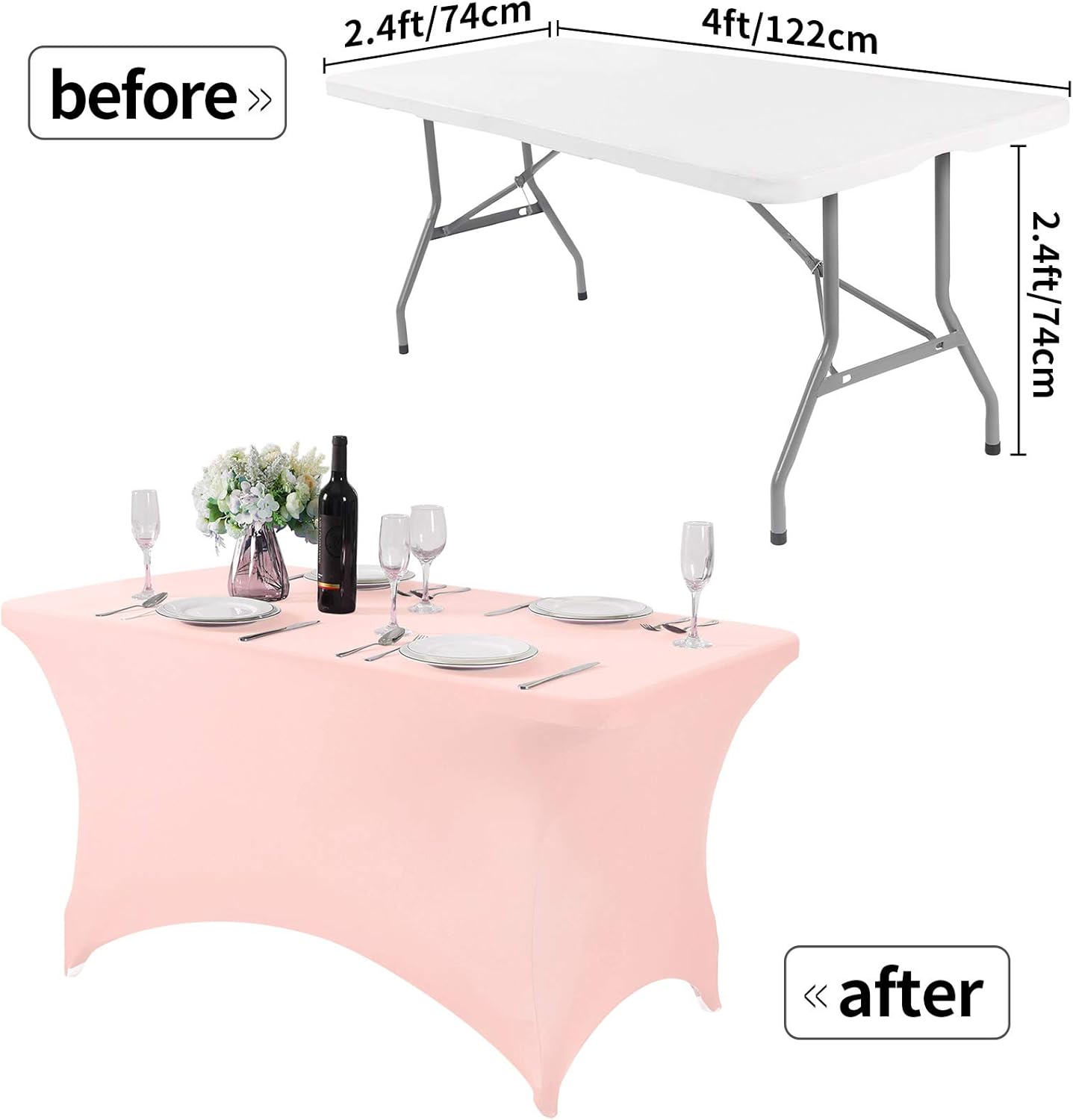 2Pack Spandex Table Cover for 4FT or 6ft or 9ft Table Universal Fitted Stretch Tablecloth for Party, Banquet, Wedding and Events-Blush Pink