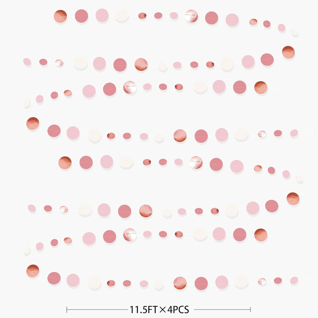 Rose Gold Party Decorations Dusty Pink Circle Dots Garland Blush Pink Hanging Paper Polka Dot Streamer for Birthday Wedding Bridal Shower Bachelorette Engagement Baby Shower Anniversary Party Supplies