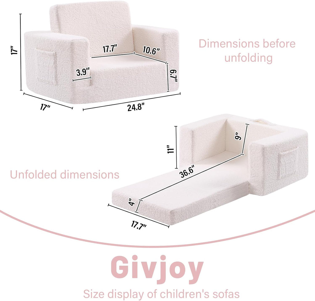 Toddler Chair Sherpa Kids Couch, 2-in-1 Soft Kids Sofa Lounger for Bedroom, Convertible Couch for Girls and Boys, Reading Chair, Beige