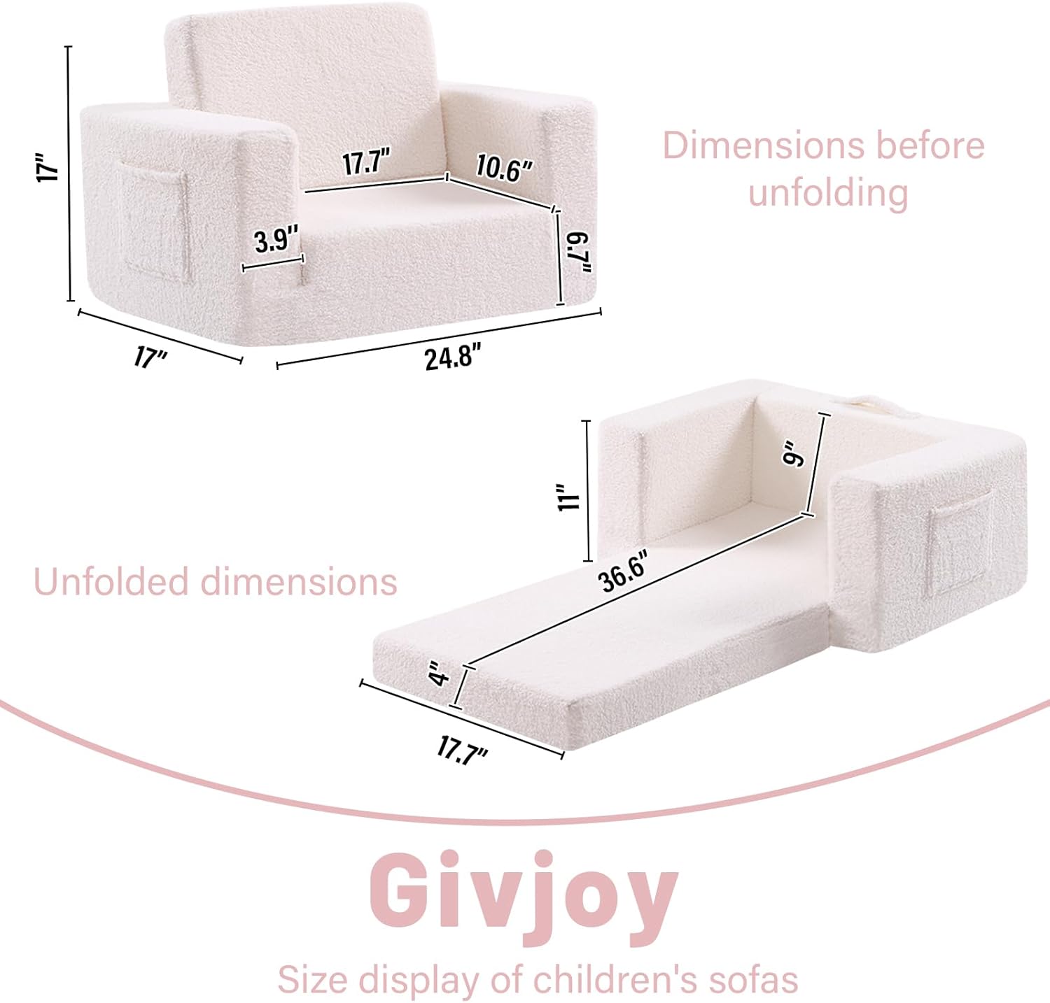 Toddler Chair Sherpa Kids Couch, 2-in-1 Soft Kids Sofa Lounger for Bedroom, Convertible Couch for Girls and Boys, Reading Chair, Beige