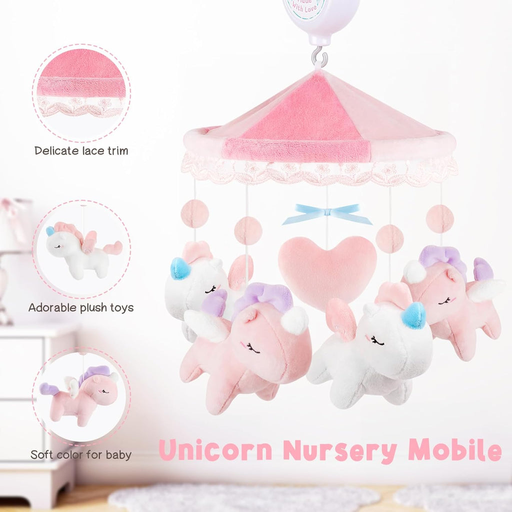 Unicorn Musical Crib Mobile for Girls - Baby Mobile for Crib with 12 Lullabies, Soft Pink Baby Crib Mobile, Nursery Mobiles, Fits Standard Cribs