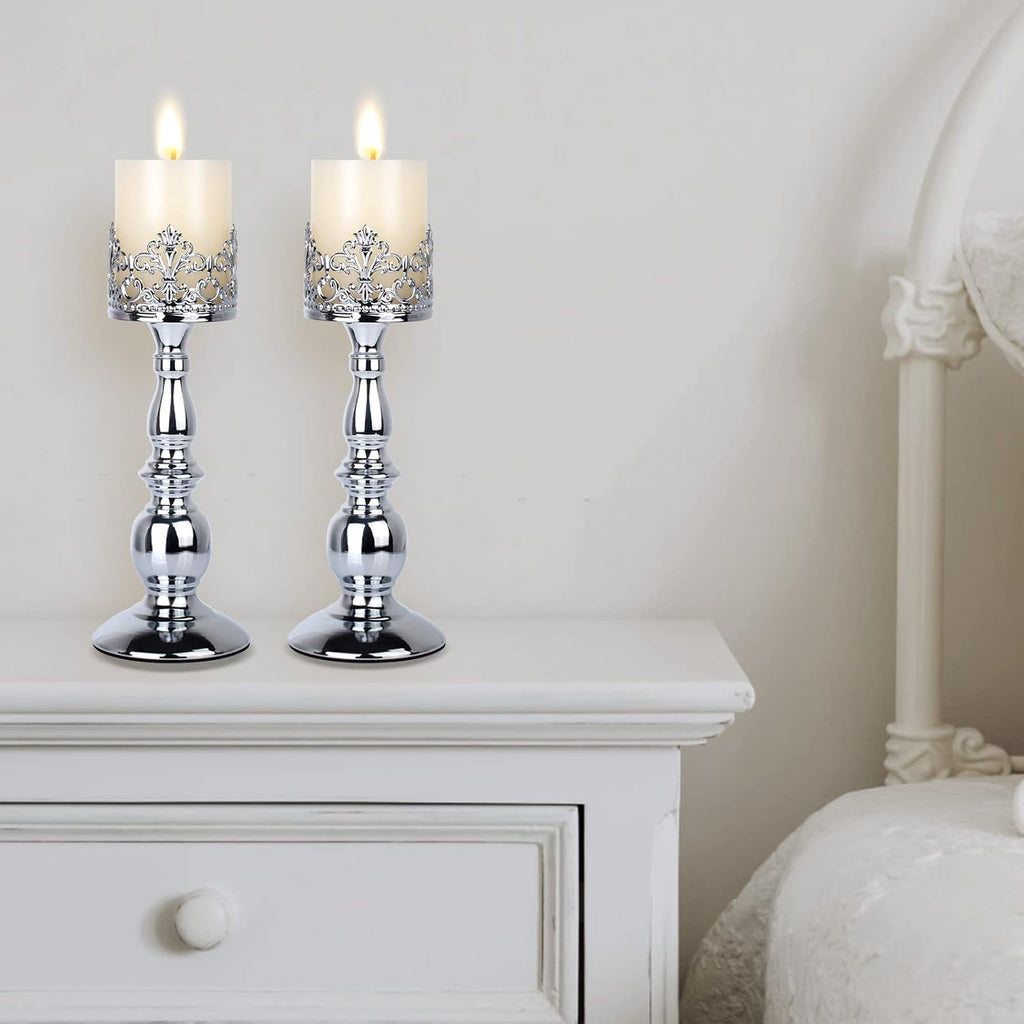 Candle Holders for Pillar Candles Gothic Matte Black Vintage Tall Candle Holders Set of 2 Decorative Large Table Centerpieces Candle Stand Decor (Silver 2PCS A)