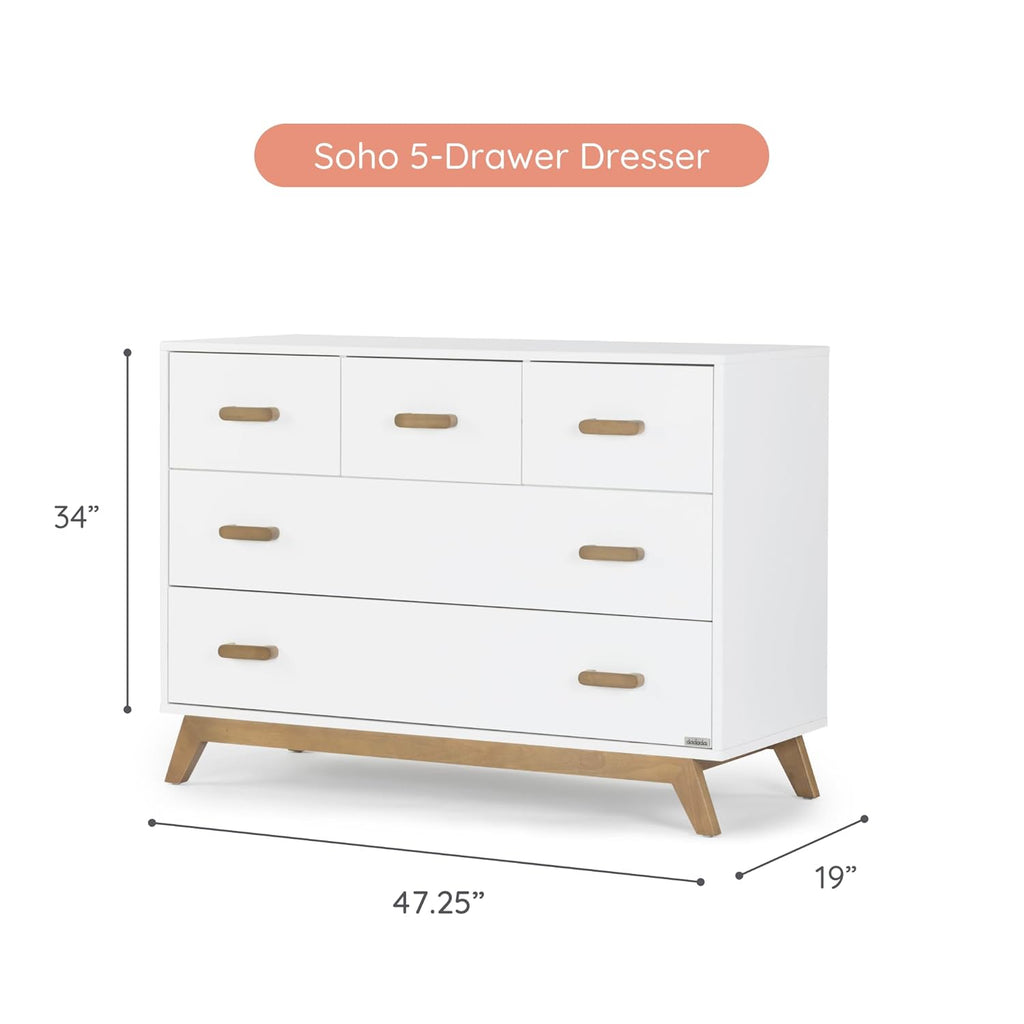 dadada Soho 5-Drawer Dresser for Nursery and Bedroom - Modern Design, Large Storage, Baby-Safe Finish, Soft Close Drawers, Anti-Tip Safety, Sturdy Legs & Solid Wood Handles, 47” Wide (White+Walnut)