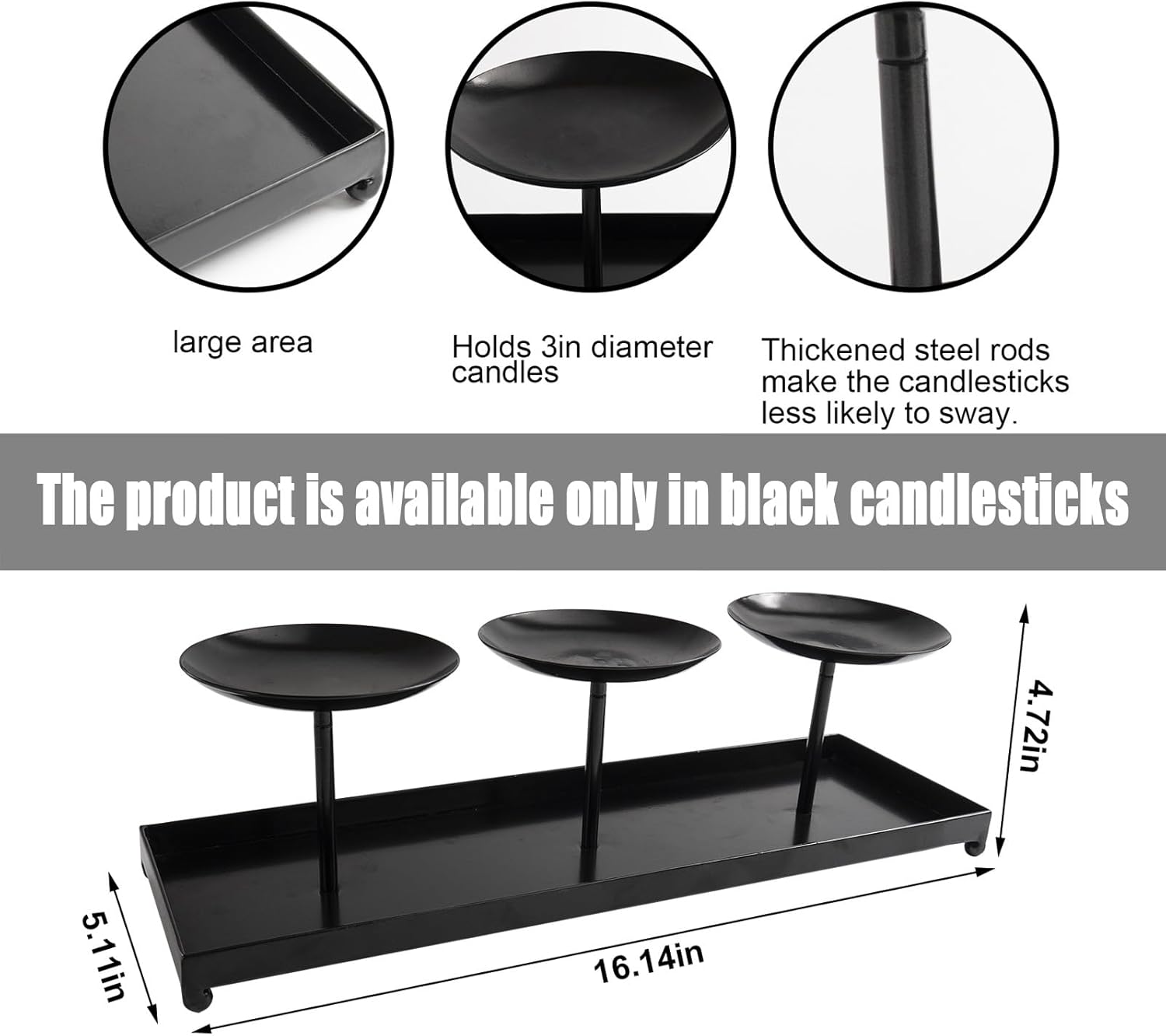 3 Pillar Black Metal Candle Holders for Table Centerpiece, Fall Thanksgiving & Halloween Dining Table, Fireplace Mantel Decor, Tray Candlestick for Living Room Rustic Decorations