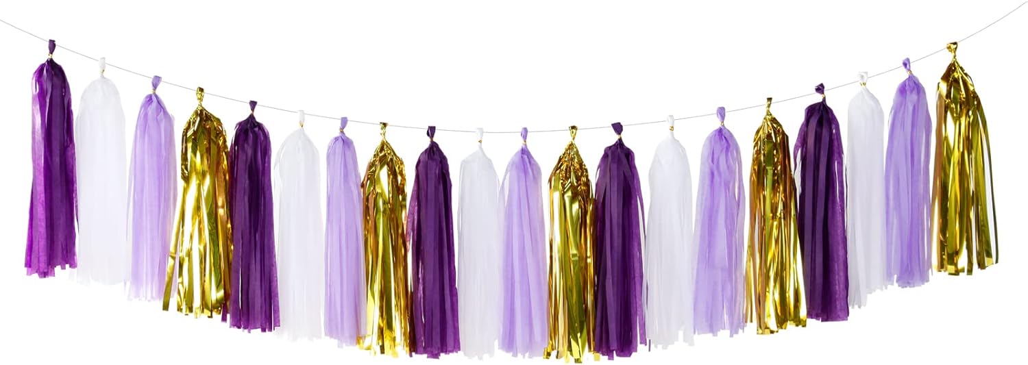 Purple-Gold Party Decoration Tassel Garland - 20pcs Lavender White Gold Birthday Party Supplies Tassels Banner Women Girls Wedding Engagement Bachelorette Graduation Decorations