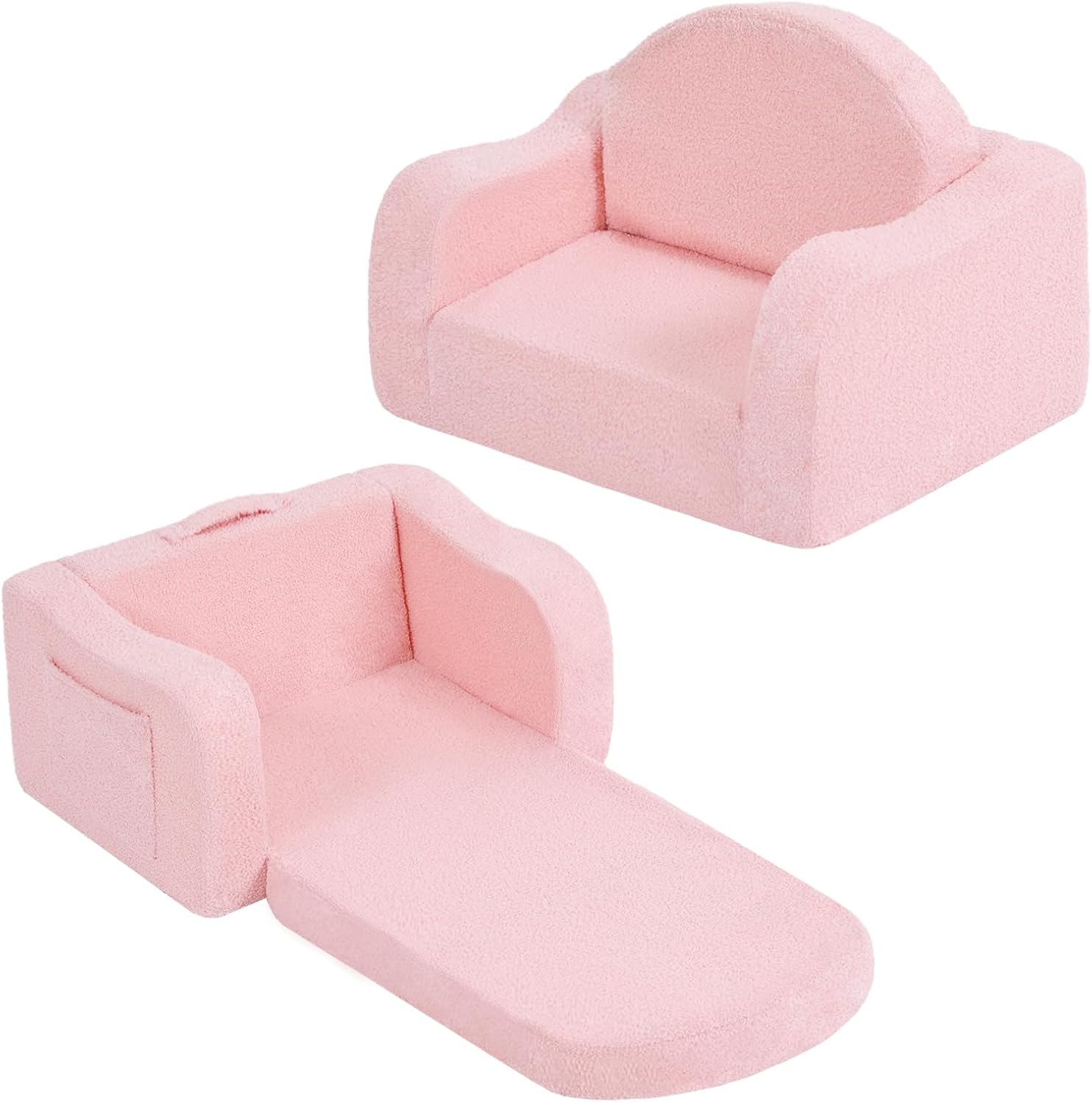 Welnow 2-in-1 Kids Sofa Chair, Convertible Toddler Chair Flip Out Children Sofa Chair with Wave Armrests Folding Kids Play Sofa with Side Pockets & Removable Cover Armchair for Girl or Boy