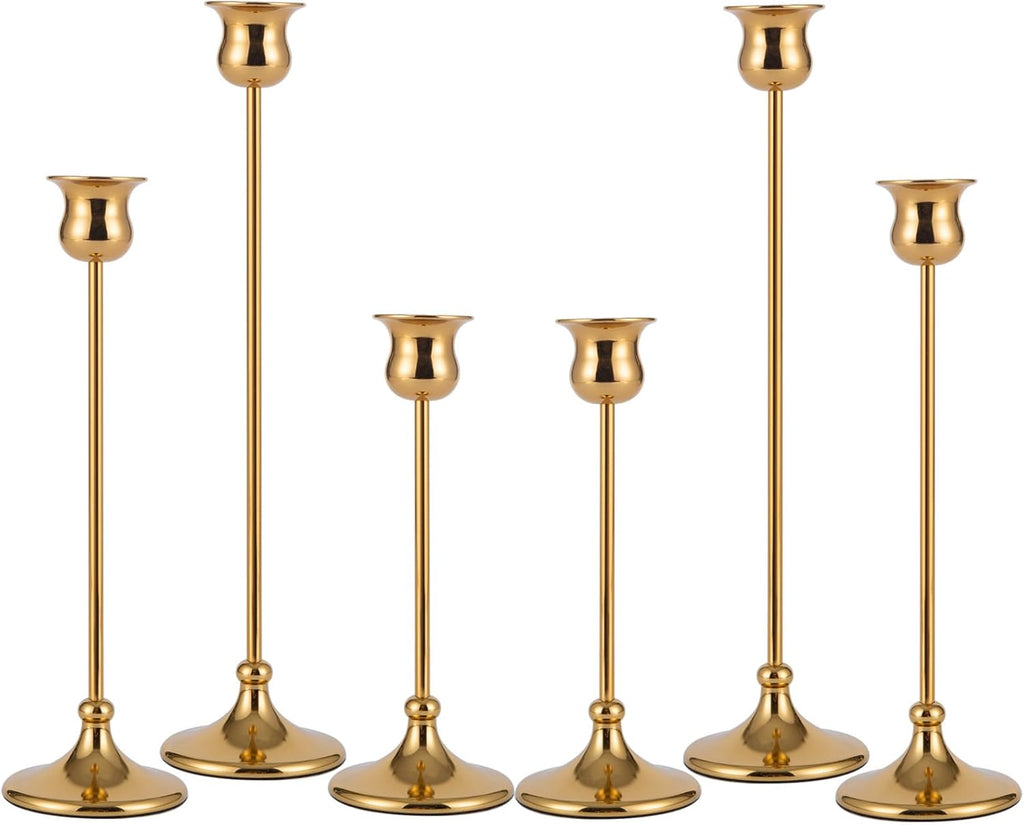 Taper Candle Holder Tall Vintage Metal Candlestick Holders Candle Stick Candelabra for Halloween Thanksgiving Christmas Holiday Wedding (Gold, 2 Sets (6 pcs))