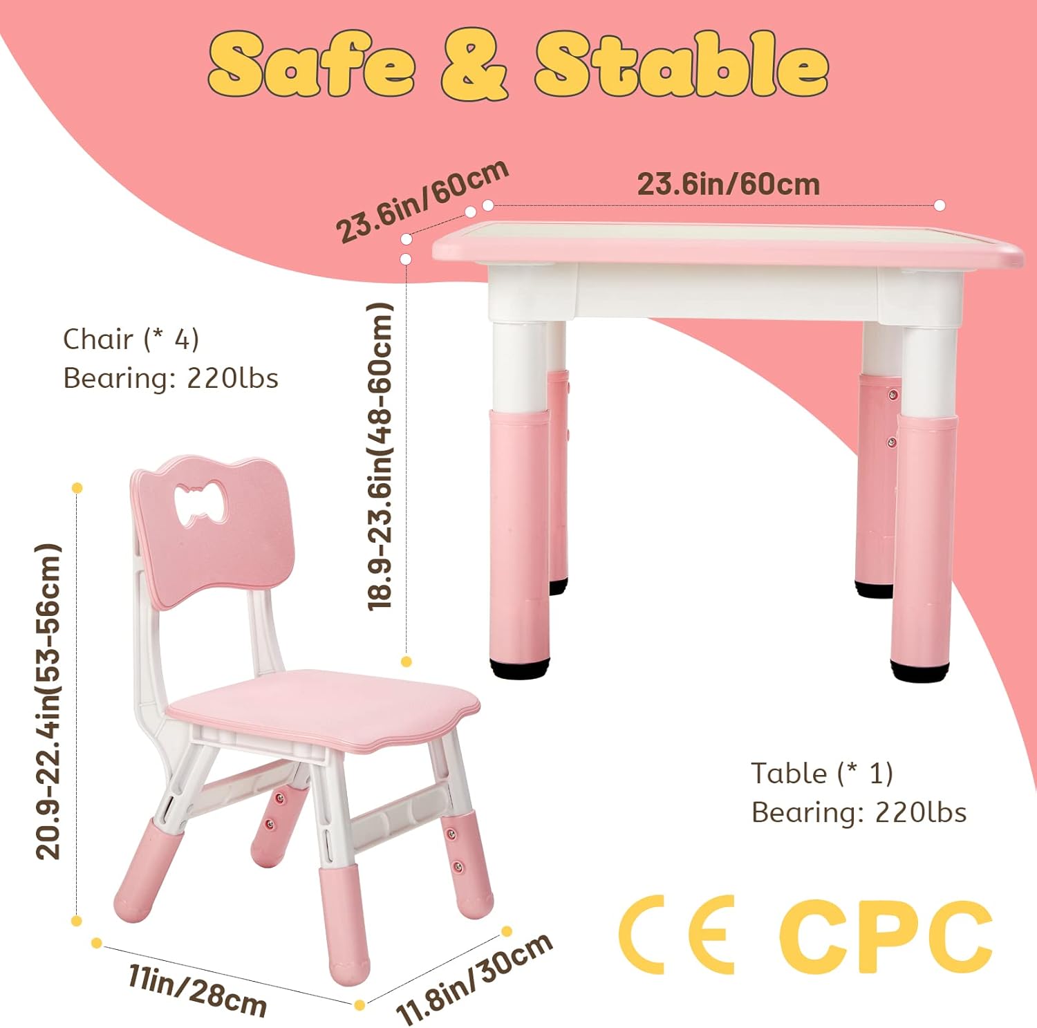 FUNLIO Kids Table and 4 Chairs Set, Height Adjustable Toddler Table and Chair Set for Ages 3-8, Easy to Wipe Arts & Crafts Table, for Classrooms/Daycares/Homes, CPC & CE Approved (5-Piece Set) - Pink