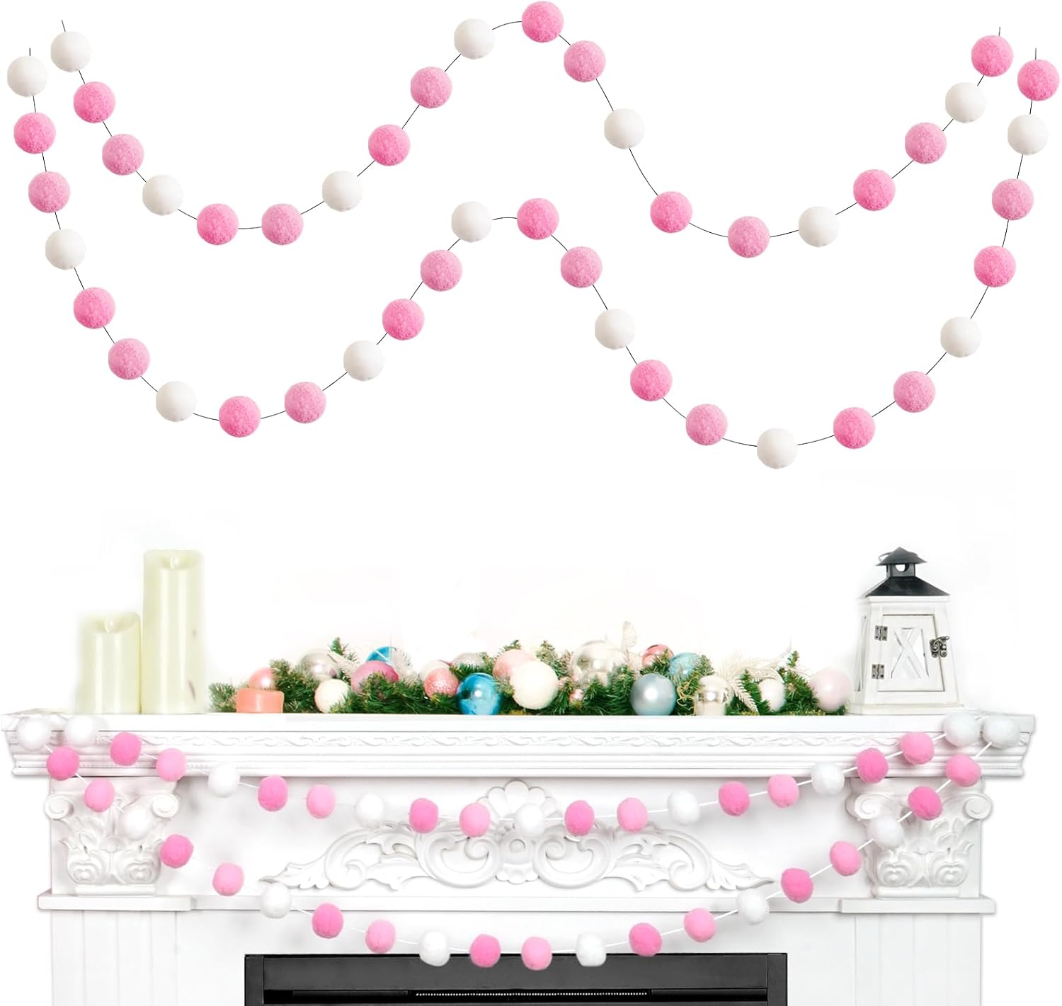 TBD Decor 2pk Pink Pom Pom Garland 13FT 4cm Large Felt Ball Garland Shower Decorationsfor Mantle,Indoor Holiday Wedding Birthday Gender Reveal Party Supplies