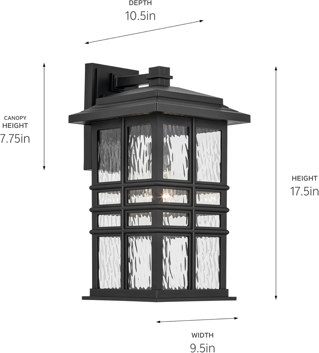 KICHLER Beacon Square 17.25" 1-Light Outdoor Wall Light with Clear Hammered Glass in Textured Black, for Exterior Doors, Garage, Porch, or Patio (17.25" x 9.5"), 49831BKT