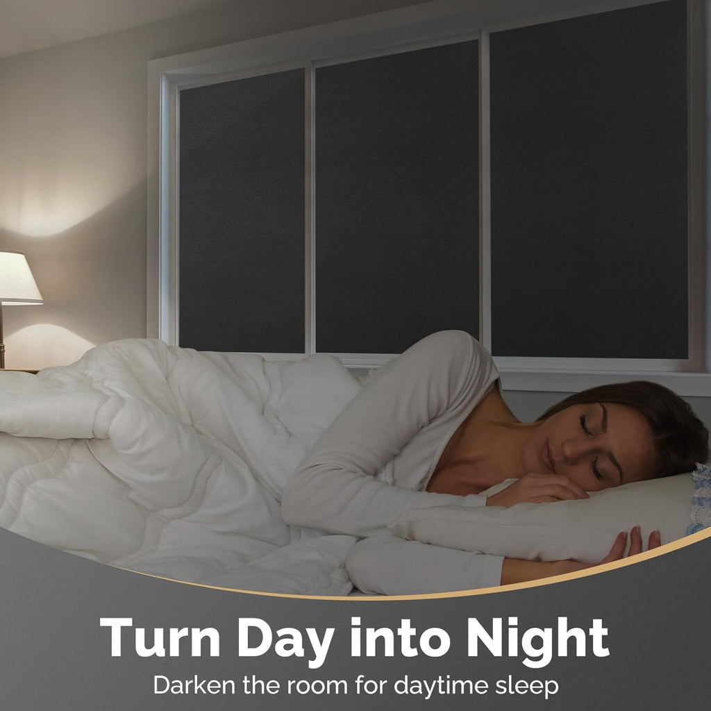 DOWELL Blackout Window Film, 100% Light Sun Blocking Static Cling Frosted Privacy Film for Glass, Heat Control Removable Window Tint, Room Darkening Cover for Day Sleep, Black, 35.4" x 157.5"