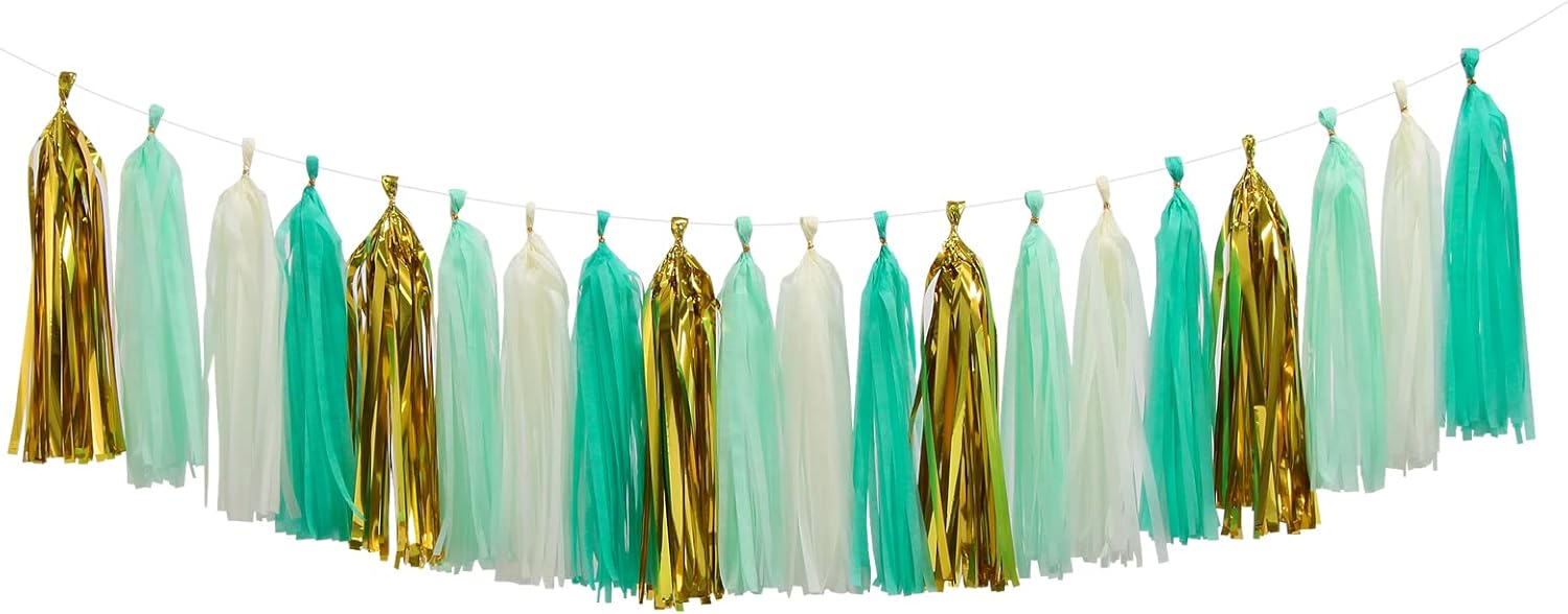 Teal-Blue Mint Beige-Gold Party-Decorations Tassel-Garland -20pcs Rustic Wedding Tassels Banner Streamers,Women Birthday Bachelorette Engagement Decor Panduola
