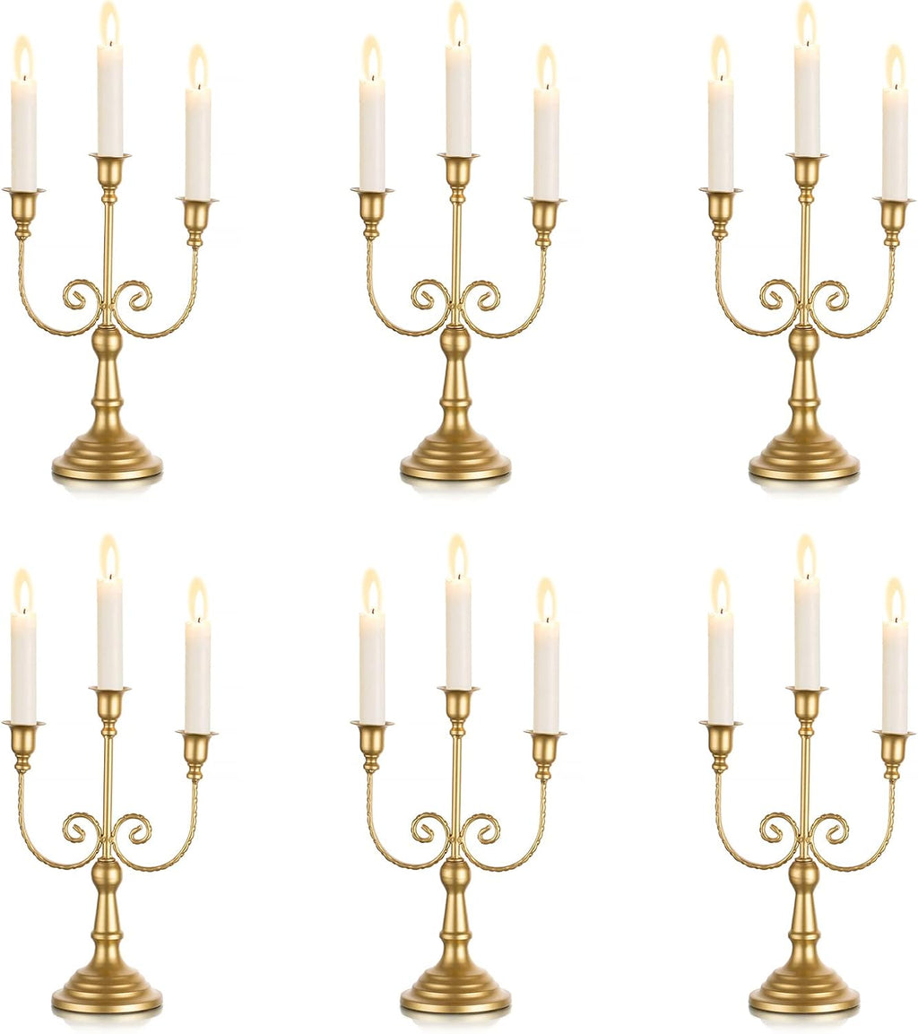 Sziqiqi Gold Taper Candle Holder for Centerpiece - 3-arm Candlesticks Holder for Wedding Table Centerpieces Metal Candle Stick Holders for Fireplace Mantle Set of 6
