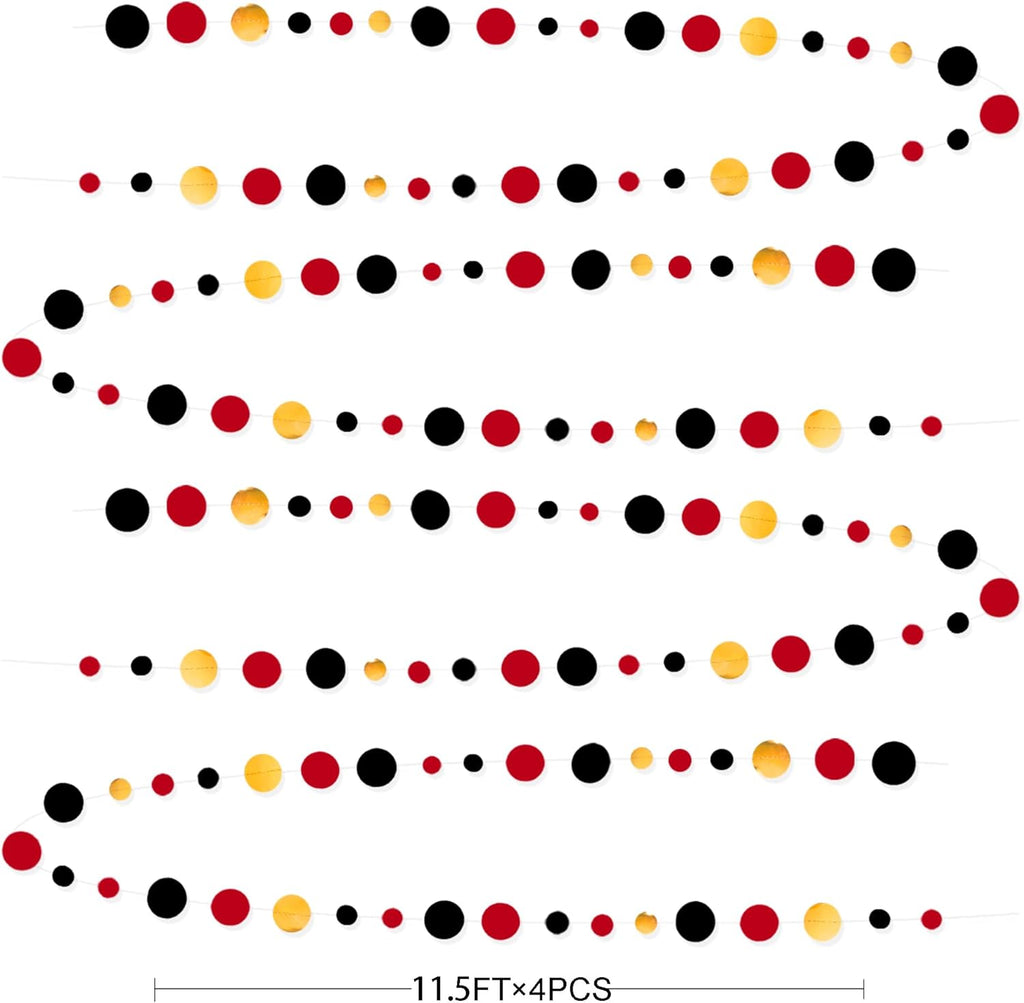 Gold Black Red Party Decorations Circle Dots Streamer Hanging Paper Polka Dots Garland for Graduation Birthday Wedding Anniversary Baby Shower Holiday Pirate Poker Casino Las Vegas Party Supplies
