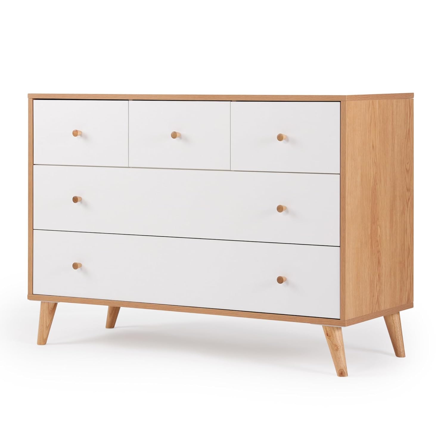 dadada Austin 5-Drawer Dresser for Nursery and Bedroom - Modern Design, Large Storage, Baby-Safe Finish, Anti-Tip Safety, Solid Wood Feet, Durable Construction (White+Red Oak)