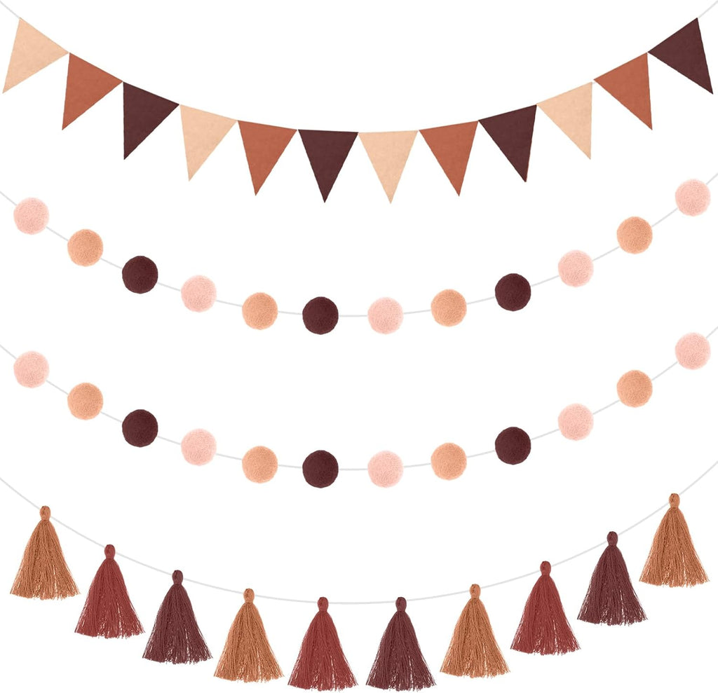 Irenare 9.8 ft Pom Pom Garland Felt Colorful Tassel Banner Christmas Party Pompoms Garland Decorations Felt Pennant Banner for Classroom Home Mantel Fireplace Birthday(Gradient Brown)