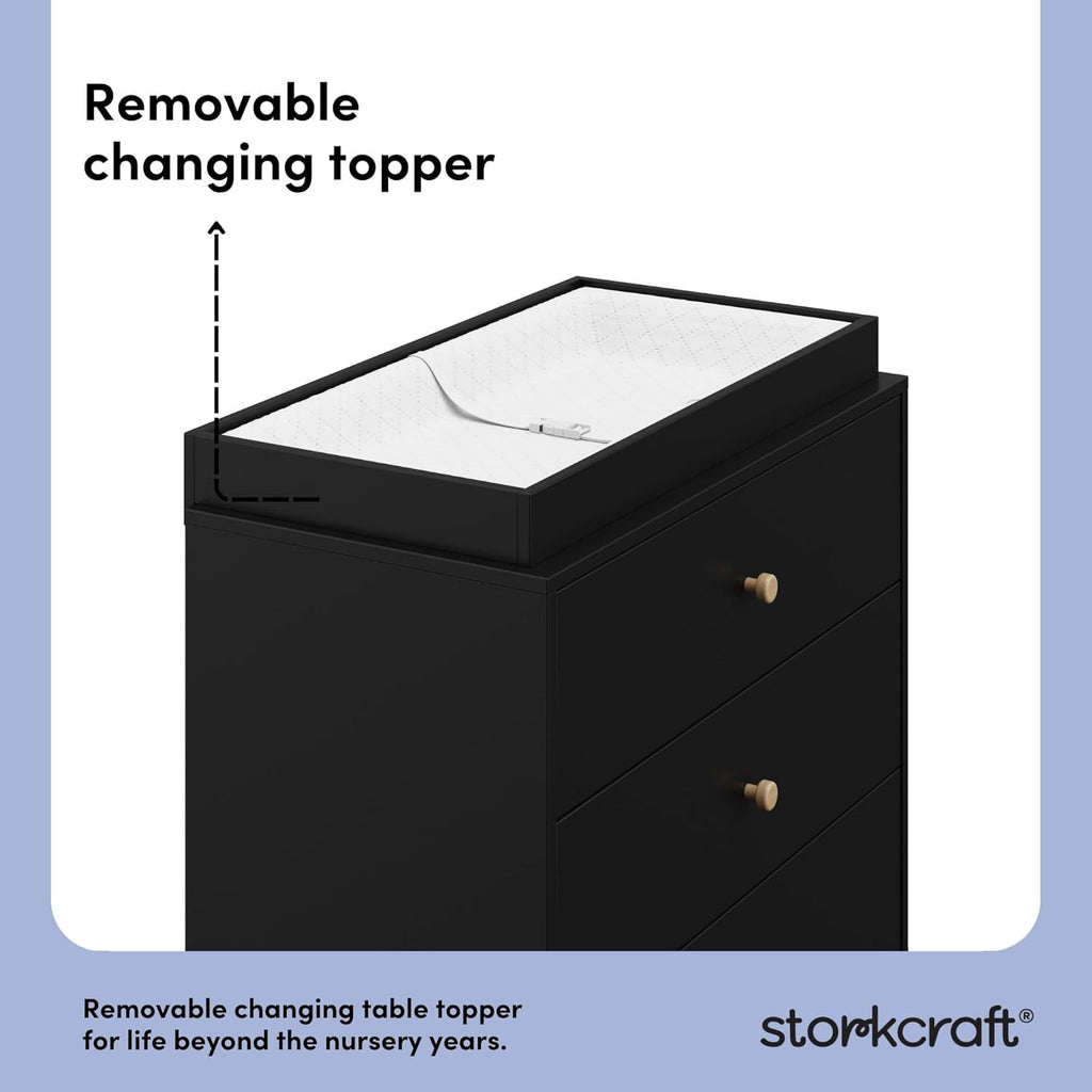 Storkcraft California 3-Drawer Chest with Removable Changing Topper (Black with Driftwood) – GREENGUARD Gold Certified, Interlocking Drawer System, Pre-Installed Tracks, Easy Assembly