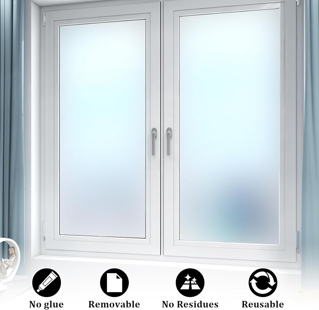 Window Privacy Film, Frosted Glass Static Cling Non-Adhesive Window Cover For Bathroom UV Sunlight Blocking Heat Control For Home Decorative Frosting Pure Matte White Size 23.6 x 157.4 Inches