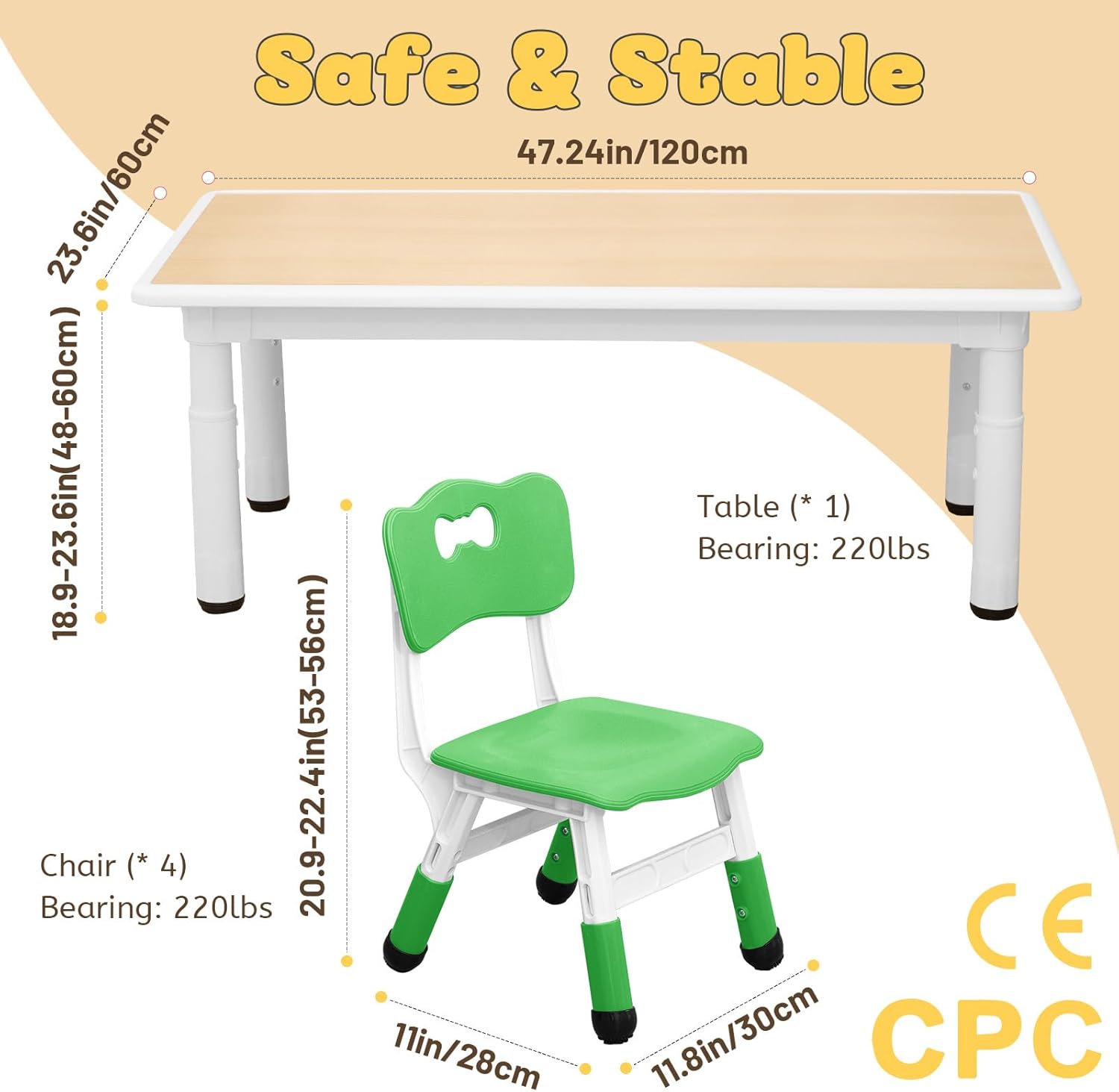 FUNLIO Kids Table and 4 Chairs Set for Ages 3-8, Height Adjustable Toddler Table and Chair Set, Easy to Wipe Arts & Crafts Table, for Classrooms/Daycares/Homes, CPC & CE Approved(5 pcs Set)-Multicolor